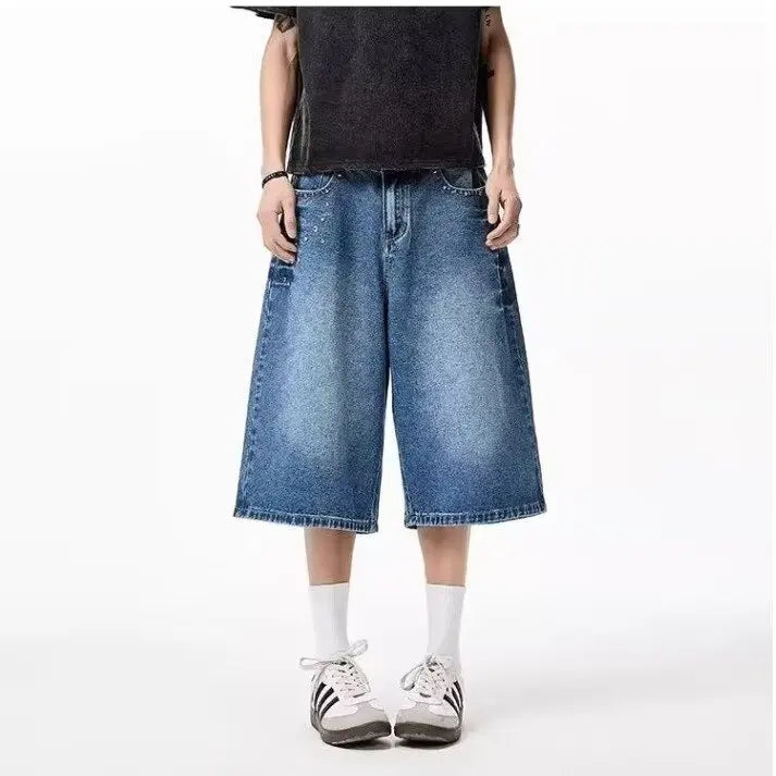 Summer American-style Design Niche Denim Cropped Pants For Men Washed Loose Mid-length Short Jeans