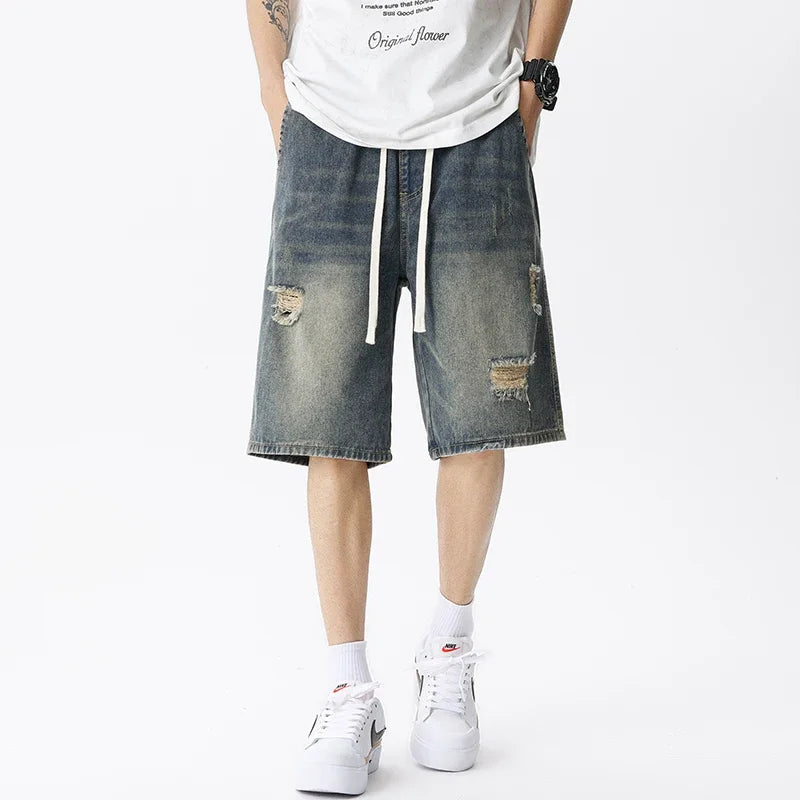 Summer Thin Denim Shorts Men's Retro Streetwear Blue Gray Stretch Straight Loose Fashionable Casual Ripped Short Jeans Men
