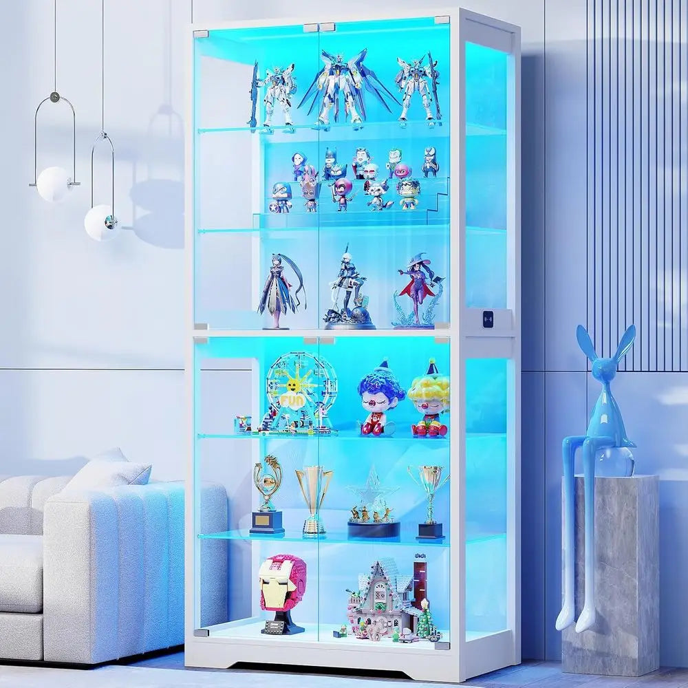 71 6-Tier Glass Door Display Cabinet with 3 Color Lights, Adjustable Shelves, and Human Body Sensor, White