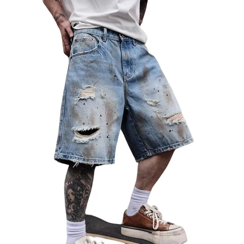 KIDWHXR Men's Denim Short Scontrast Color Distressed Hole Male Casual Shorts Streetwear Loose Straight Man Knee-length Jeans