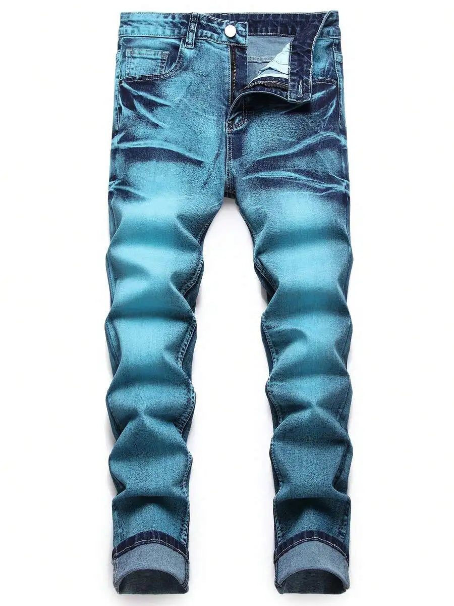Mens Stretch Slim Fit Denim Jeans With Distressed Wash And Cuffed Hems