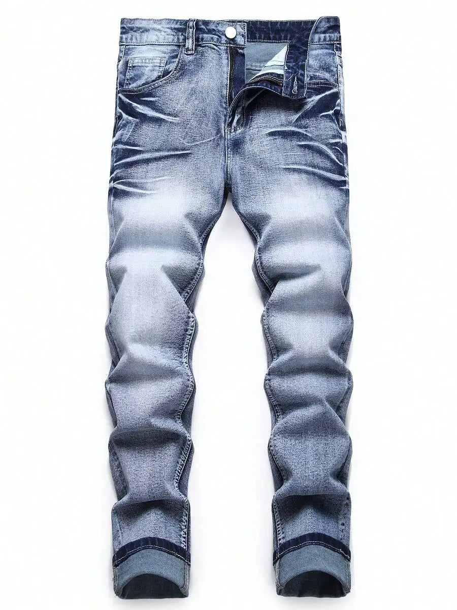 Mens Stretch Slim Fit Denim Jeans With Distressed Wash And Cuffed Hems