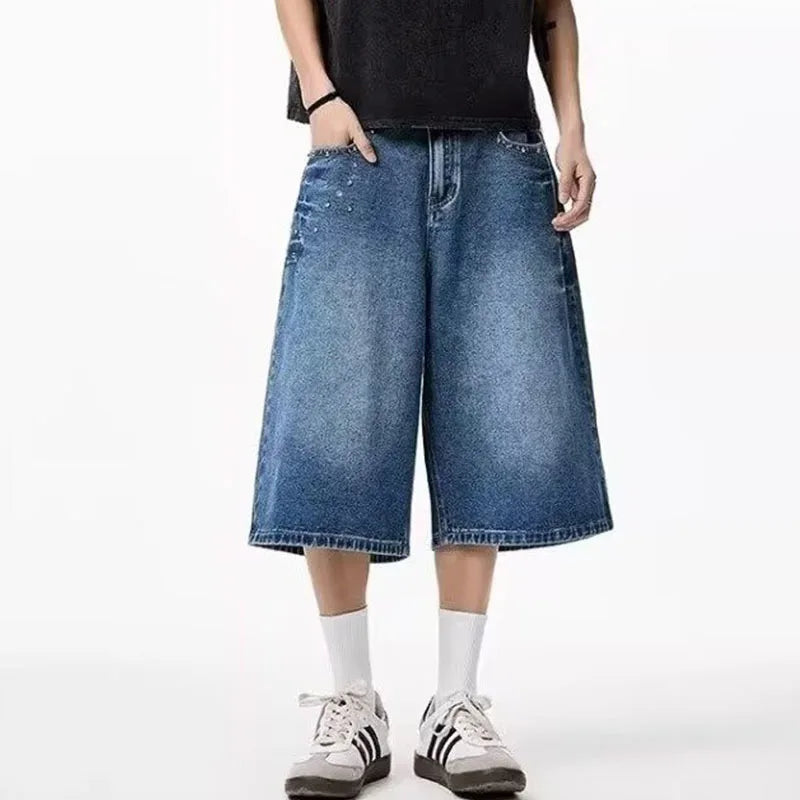Summer American-style Design Niche Denim Cropped Pants For Men Washed Loose Mid-length Short Jeans