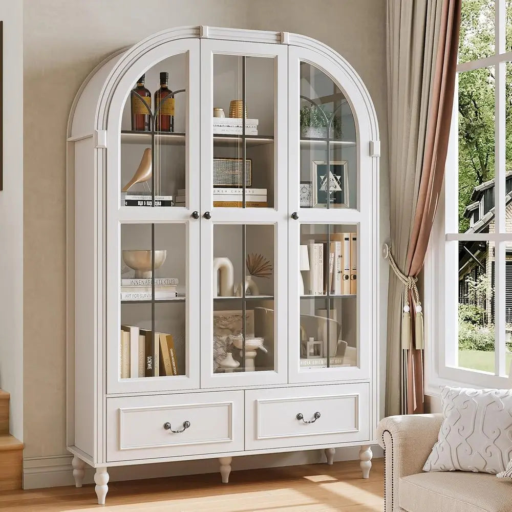 70.8 Tall Arched Kitchen Pantry Cabinet with Glass Door, Display & Adjustable Shelving, White