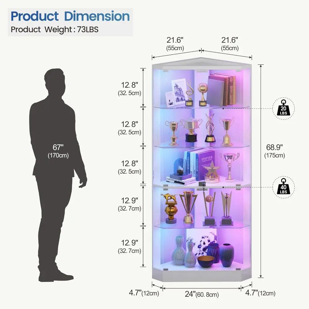 5-Tier White Display Cabinet with Glass Shelves, RGB Lights & Human Body Sensor for Collectibles/Toys Storage