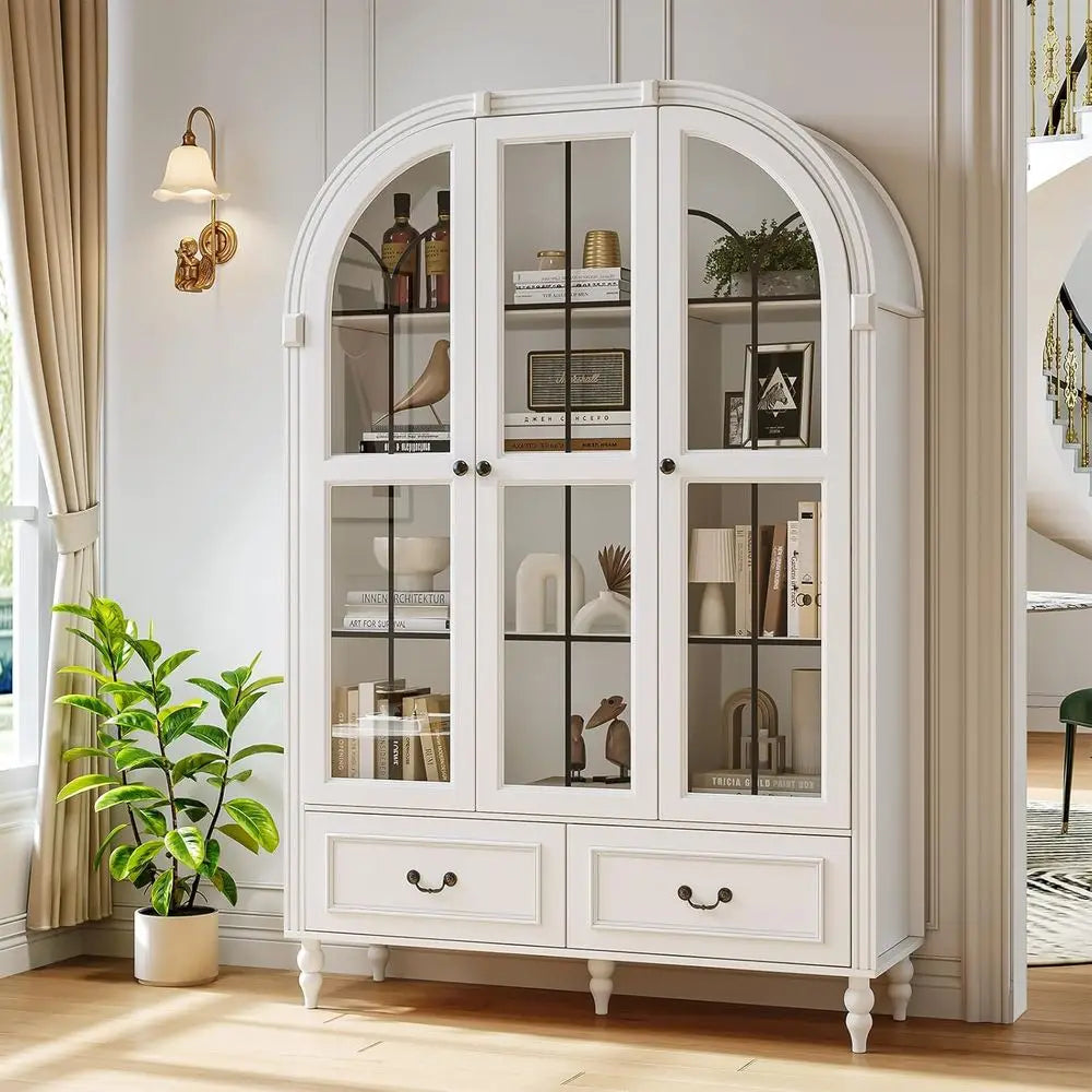 70.8 Tall Arched Kitchen Pantry Cabinet with Glass Door, Display & Adjustable Shelving, White