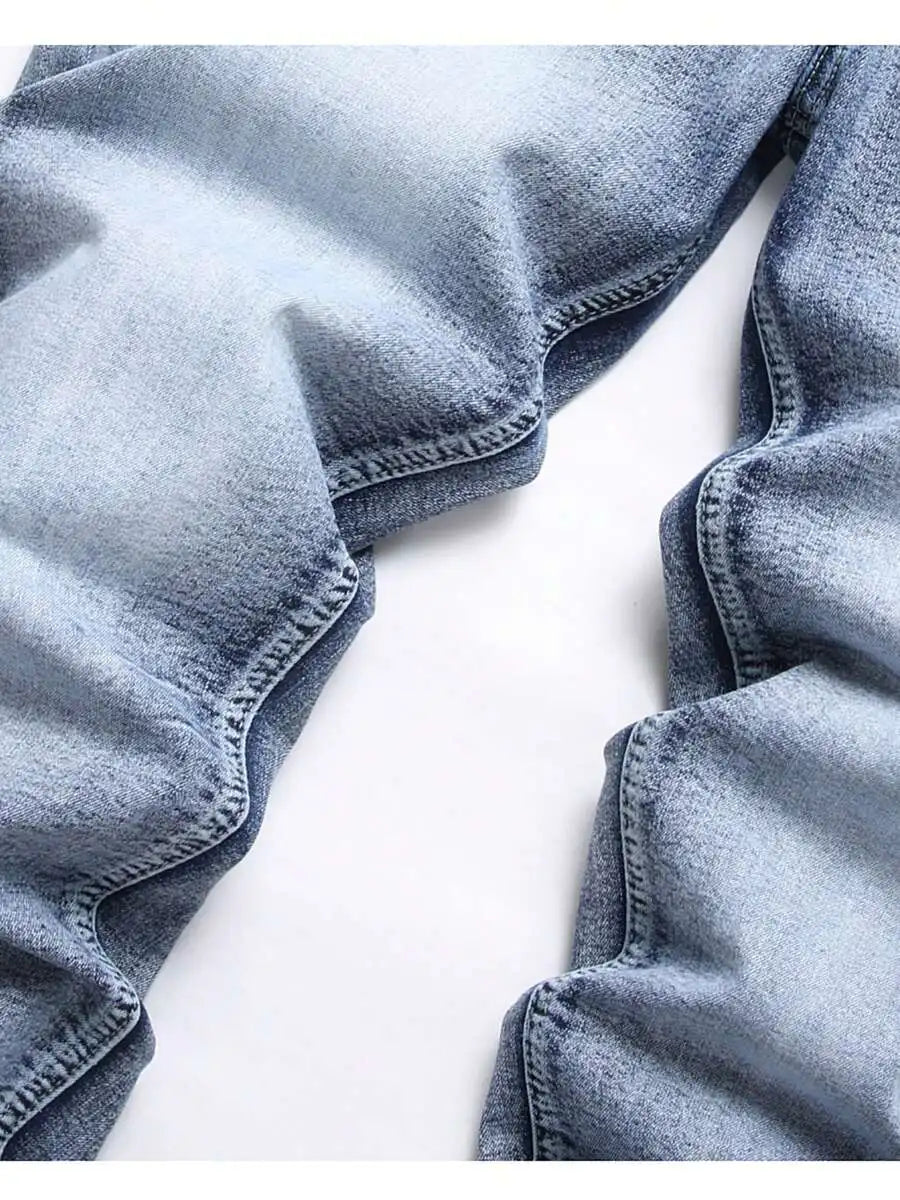 Mens Stretch Slim Fit Denim Jeans With Distressed Wash And Cuffed Hems