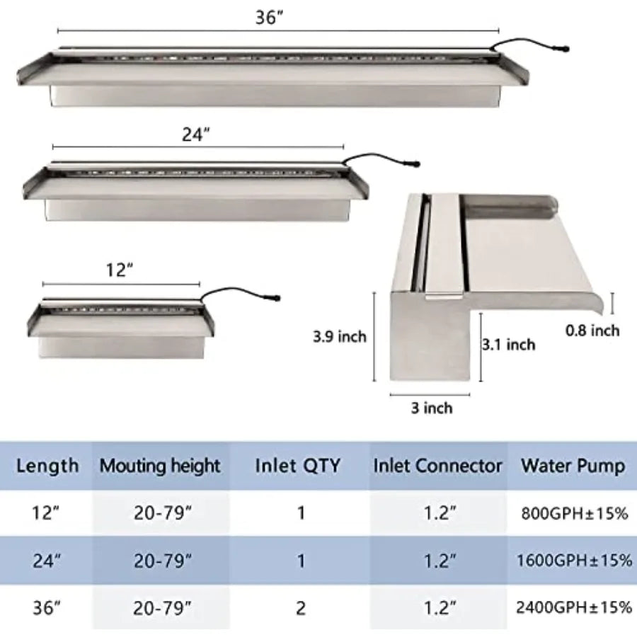Outdoor patio waterfall spillway kit with 36'' stainless steel construction, RGB LED lights offering 16 color-changing options,