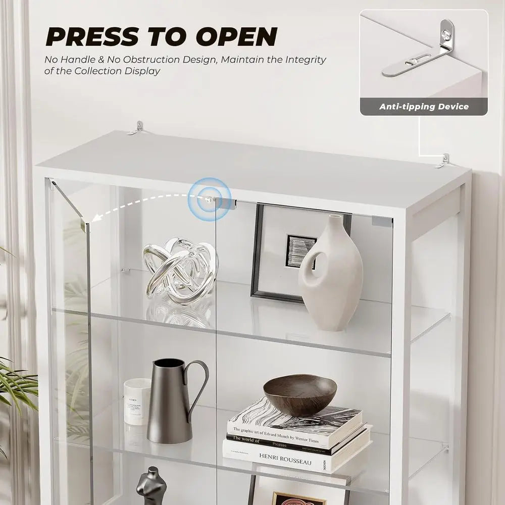 71 6-Tier Glass Door Display Cabinet with 3 Color Lights, Adjustable Shelves, and Human Body Sensor, White