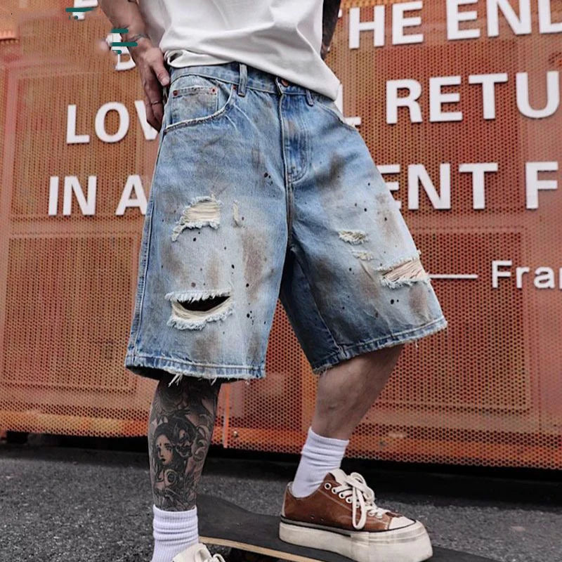 KIDWHXR Men's Denim Short Scontrast Color Distressed Hole Male Casual Shorts Streetwear Loose Straight Man Knee-length Jeans