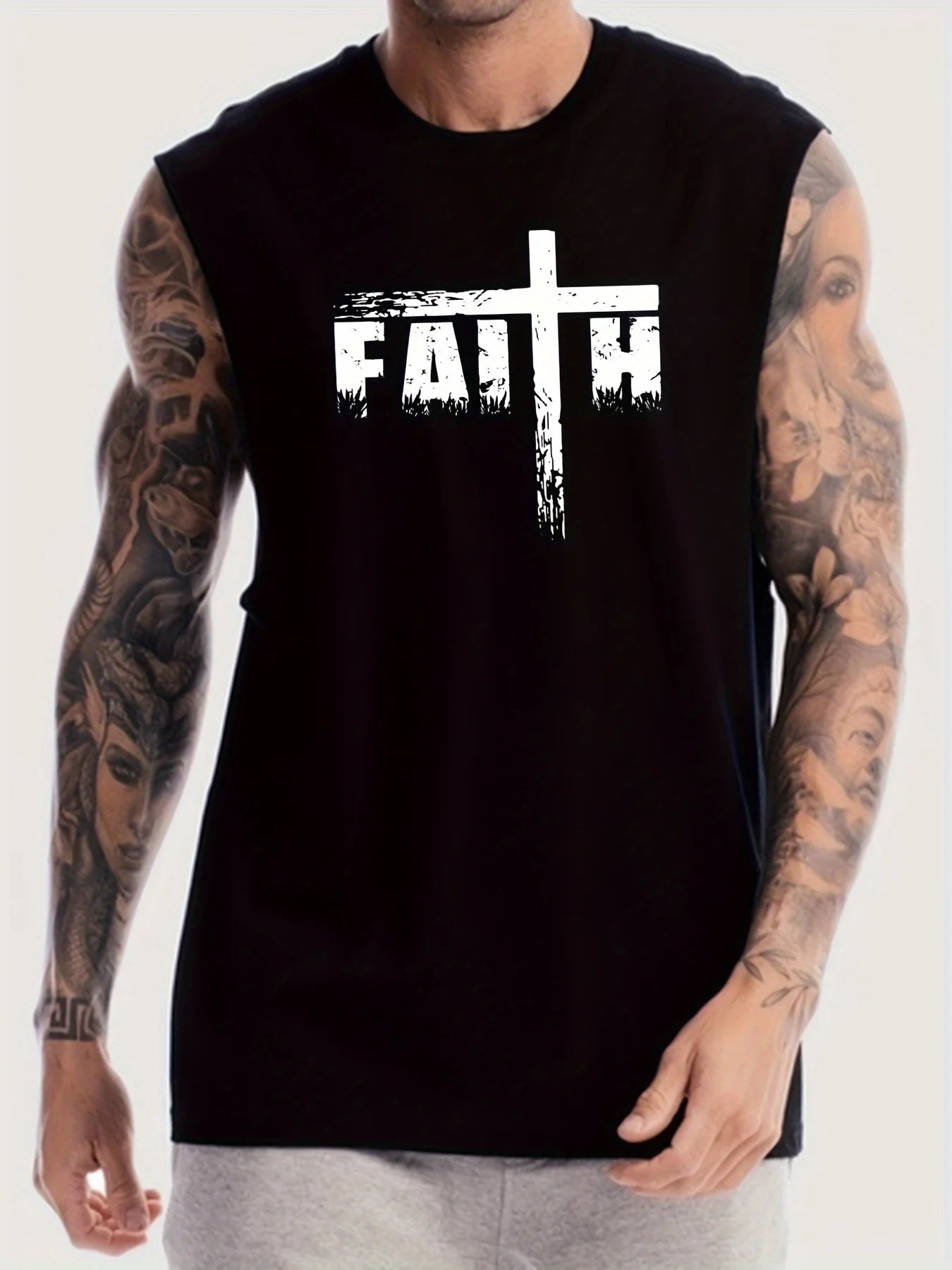 FAITH exclusive cross-design print, men's casual comfortable round-neck t-shirt, summer fashionable top