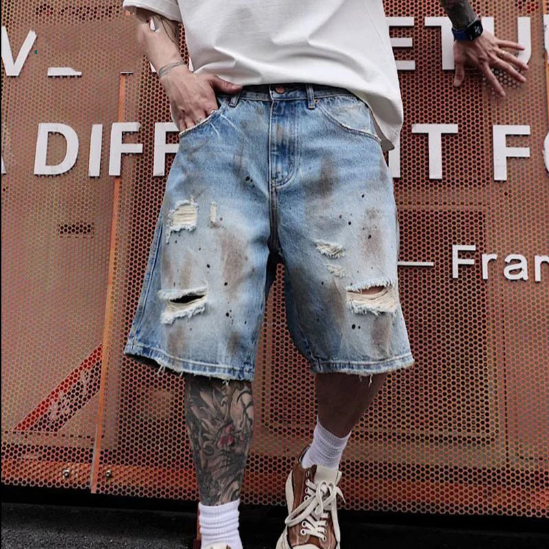 KIDWHXR Men's Denim Short Scontrast Color Distressed Hole Male Casual Shorts Streetwear Loose Straight Man Knee-length Jeans