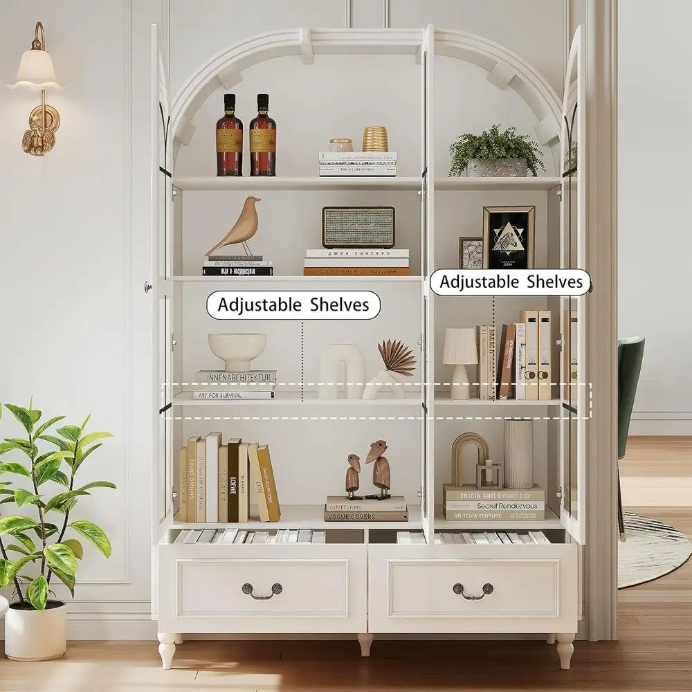 70.8 Tall Arched Kitchen Pantry Cabinet with Glass Door, Display & Adjustable Shelving, White