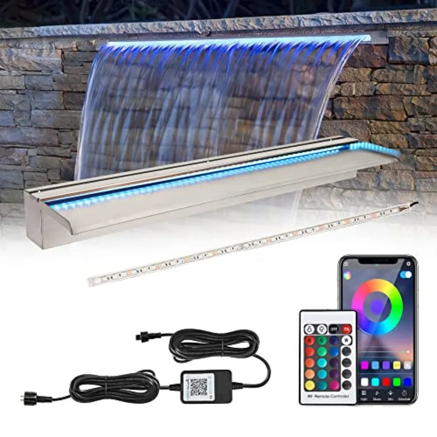 Outdoor patio waterfall spillway kit with 36'' stainless steel construction, RGB LED lights offering 16 color-changing options,
