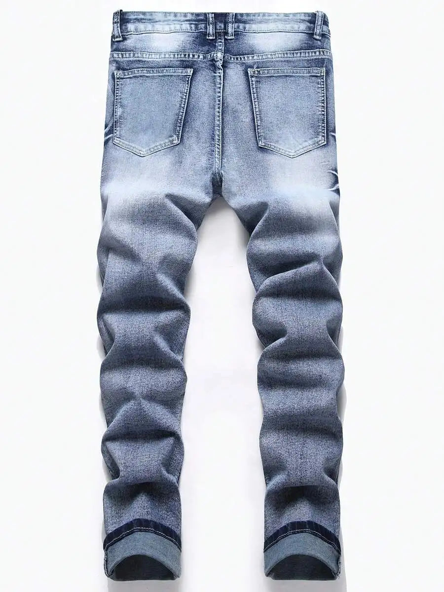 Mens Stretch Slim Fit Denim Jeans With Distressed Wash And Cuffed Hems