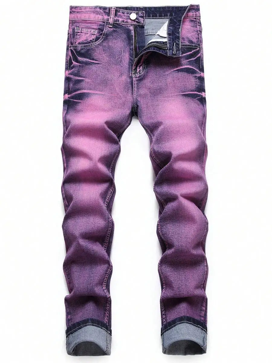 Mens Stretch Slim Fit Denim Jeans With Distressed Wash And Cuffed Hems