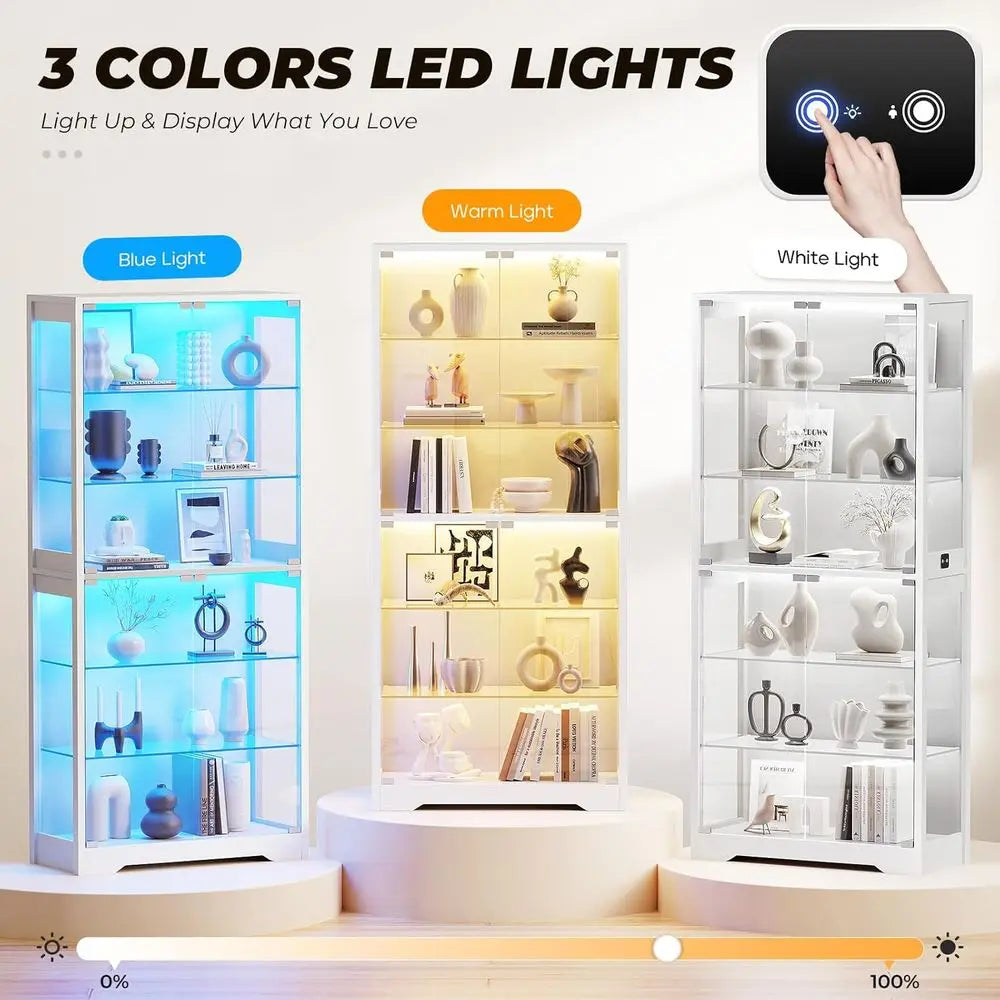 71 6-Tier Glass Door Display Cabinet with 3 Color Lights, Adjustable Shelves, and Human Body Sensor, White