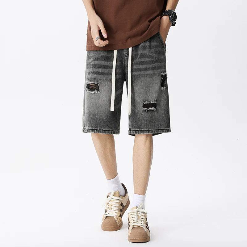Summer Thin Denim Shorts Men's Retro Streetwear Blue Gray Stretch Straight Loose Fashionable Casual Ripped Short Jeans Men
