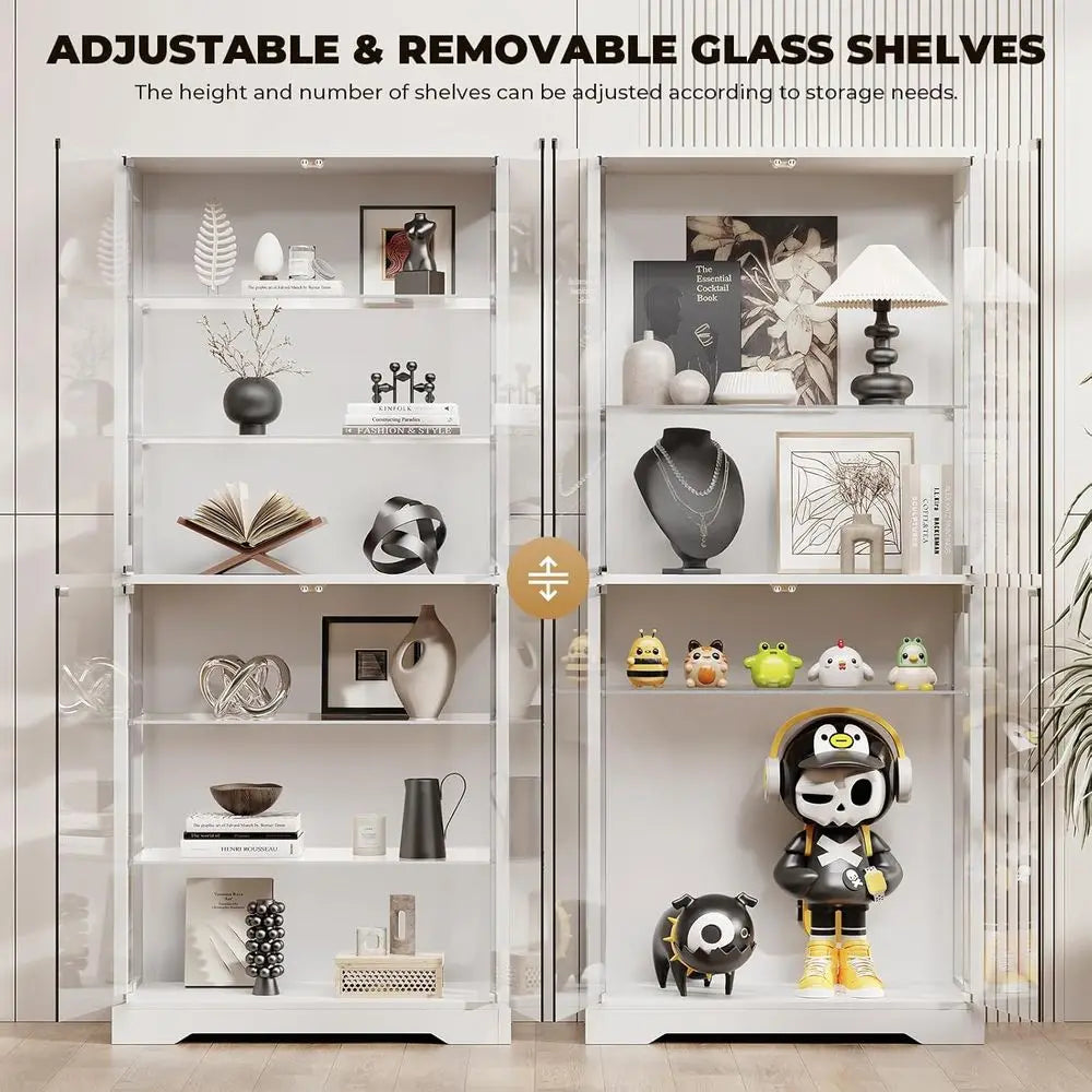 71 6-Tier Glass Door Display Cabinet with 3 Color Lights, Adjustable Shelves, and Human Body Sensor, White