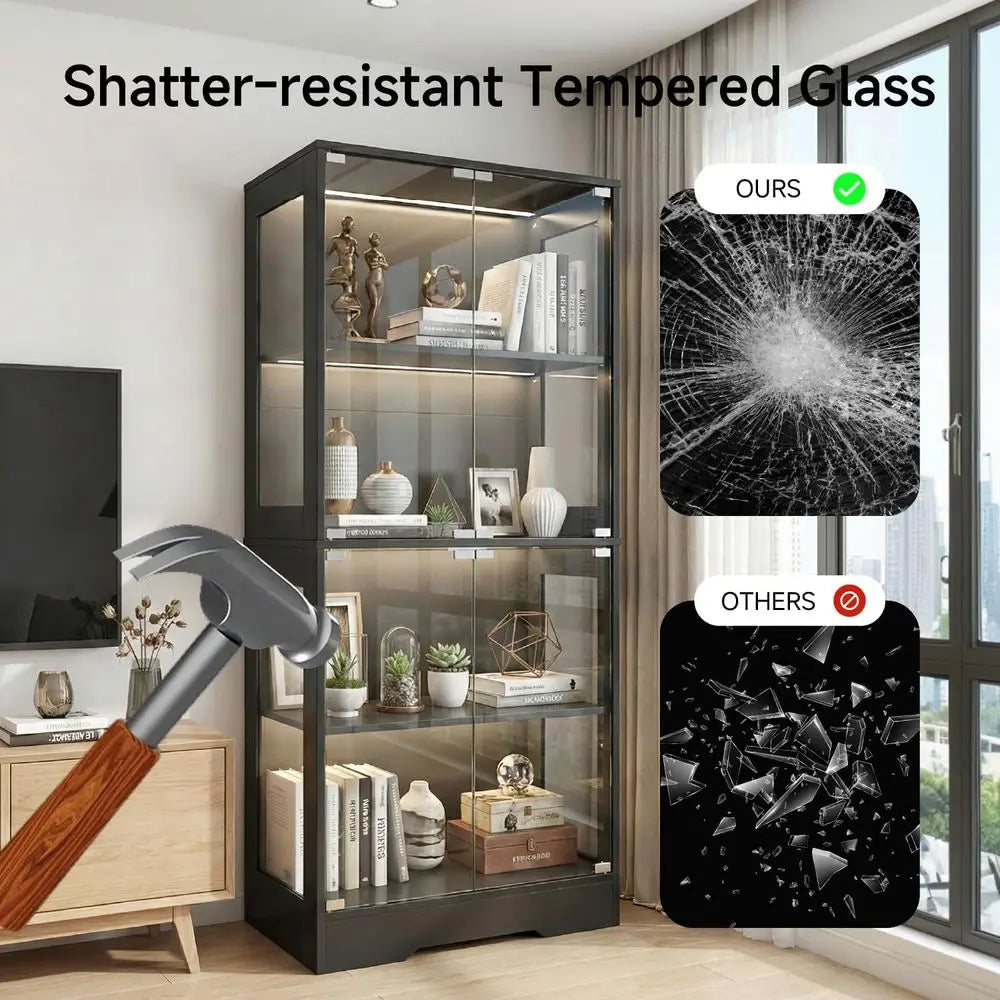 5.5ft Tall 2-Door Glass Display Cabinet, 4-Tier Curio with 3-Color LED Lights, Human Sensor, 4-Shelf Black Bookcase Storage Cabi