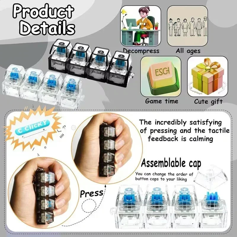 Keyboard Fidget Toy Mini Gift Led Light Up Keychain Stress Relief Toy Transparent Four Key Clicker Office Desk Kids Birthday