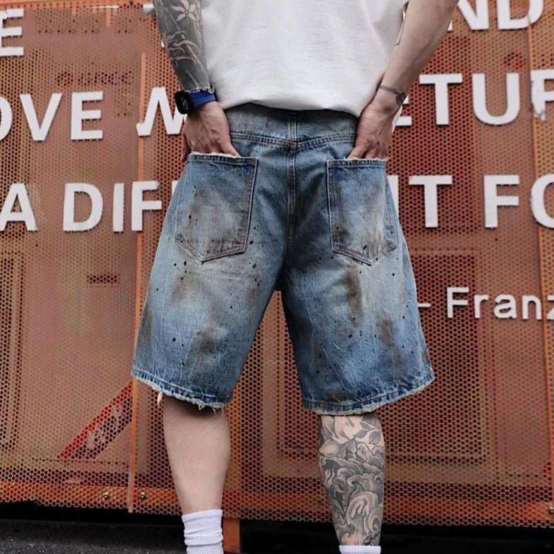 KIDWHXR Men's Denim Short Scontrast Color Distressed Hole Male Casual Shorts Streetwear Loose Straight Man Knee-length Jeans