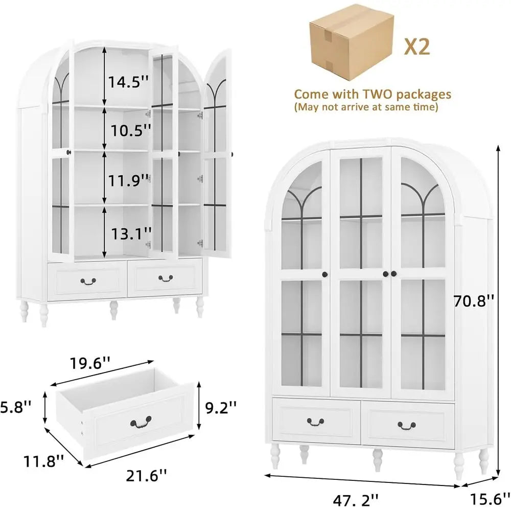 70.8 Tall Arched Kitchen Pantry Cabinet with Glass Door, Display & Adjustable Shelving, White