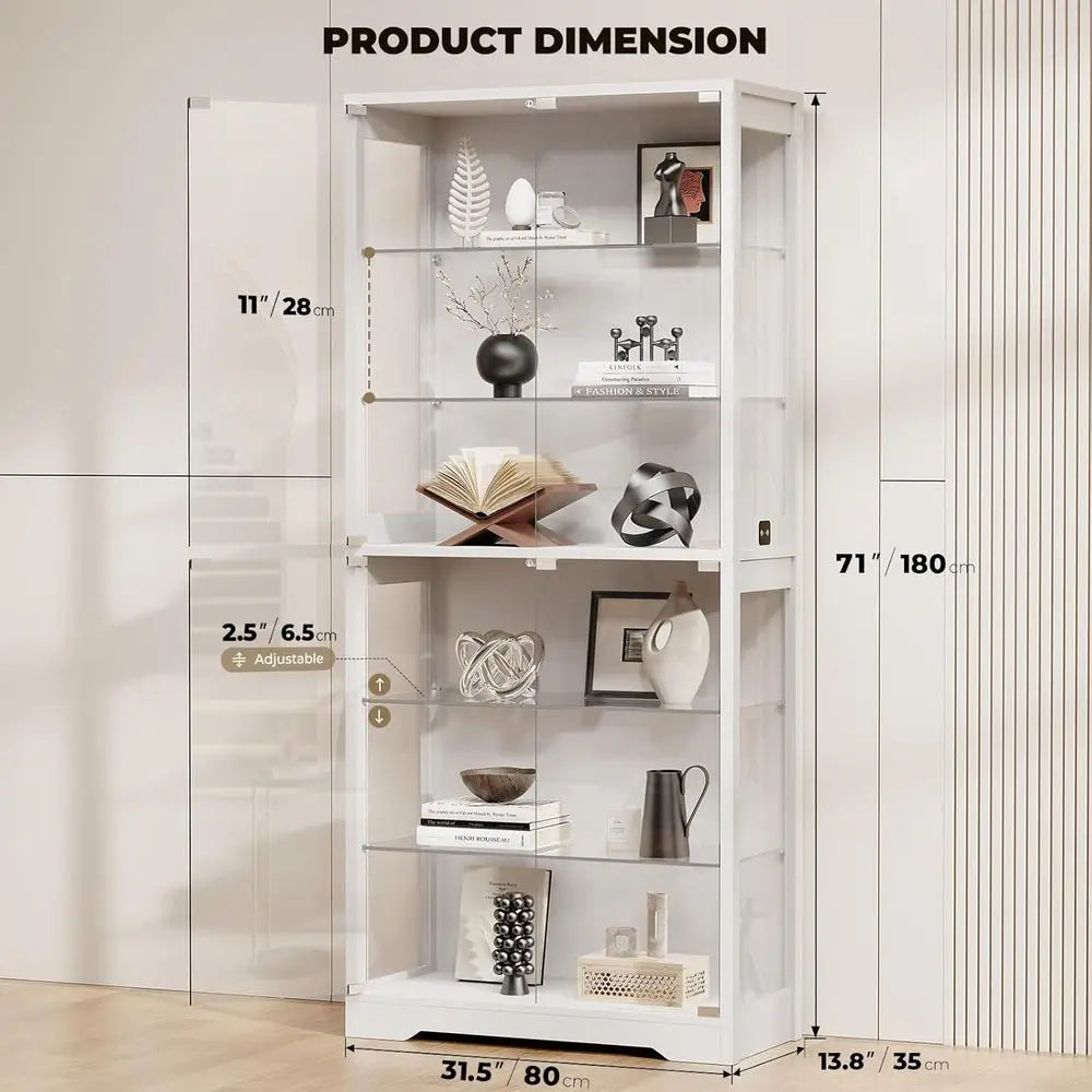 71 6-Tier Glass Door Display Cabinet with 3 Color Lights, Adjustable Shelves, and Human Body Sensor, White