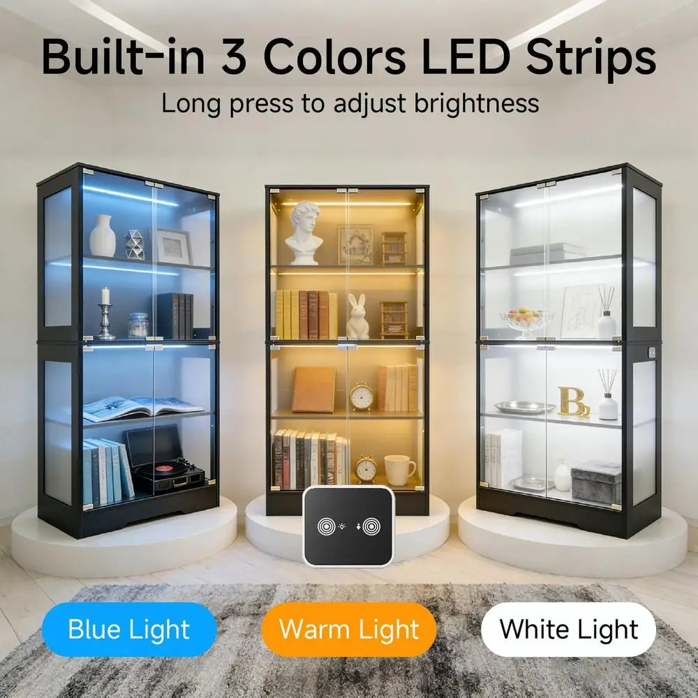 5.5ft Tall 2-Door Glass Display Cabinet, 4-Tier Curio with 3-Color LED Lights, Human Sensor, 4-Shelf Black Bookcase Storage Cabi