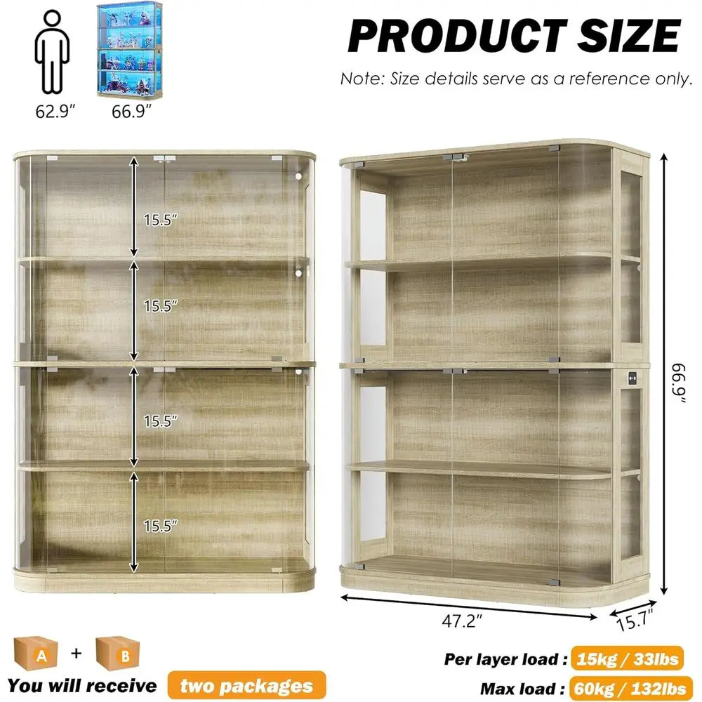 47.2 Glass-Door 4-Tier Display Cabinet with LED Lights, Touch-Open Doors, and Human Body Sensor for Collectibles and Artwork