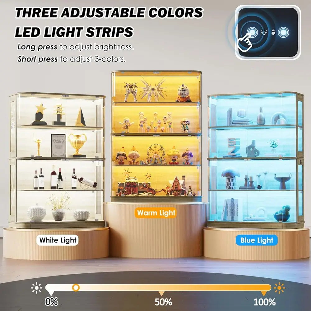 47.2 Glass-Door 4-Tier Display Cabinet with LED Lights, Touch-Open Doors, and Human Body Sensor for Collectibles and Artwork