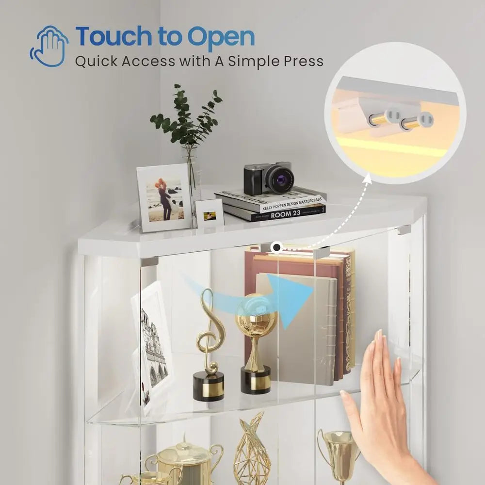 5-Tier White Display Cabinet with Glass Shelves, RGB Lights & Human Body Sensor for Collectibles/Toys Storage