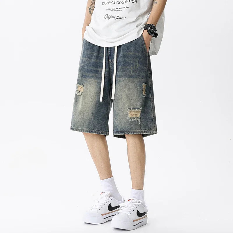 Summer Thin Denim Shorts Men's Retro Streetwear Blue Gray Stretch Straight Loose Fashionable Casual Ripped Short Jeans Men