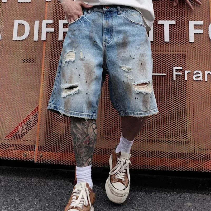KIDWHXR Men's Denim Short Scontrast Color Distressed Hole Male Casual Shorts Streetwear Loose Straight Man Knee-length Jeans
