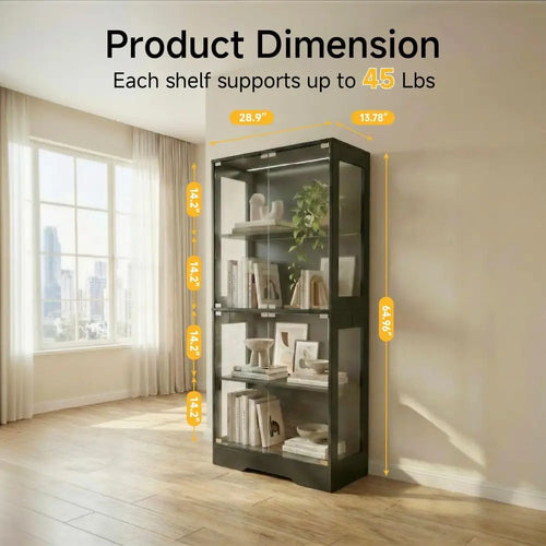 5.5ft Tall 2-Door Glass Display Cabinet, 4-Tier Curio with 3-Color LED Lights, Human Sensor, 4-Shelf Black Bookcase Storage Cabi