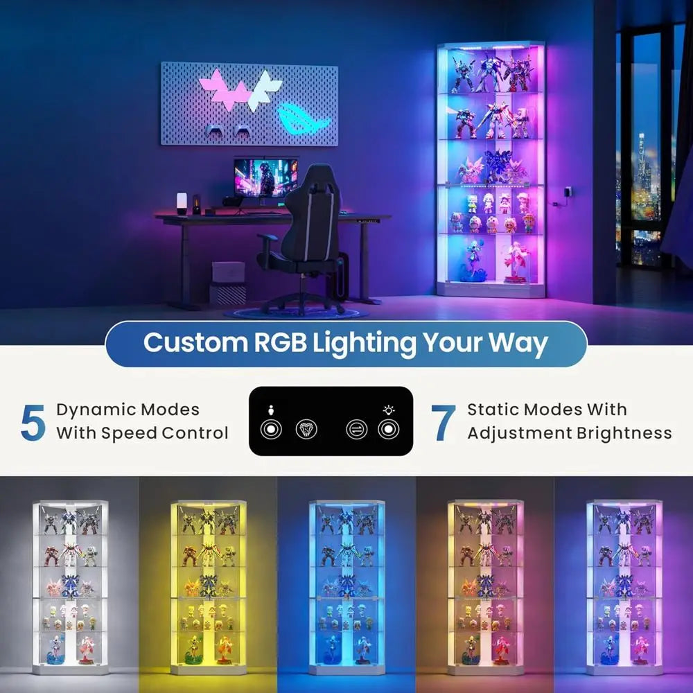 5-Tier White Display Cabinet with Glass Shelves, RGB Lights & Human Body Sensor for Collectibles/Toys Storage