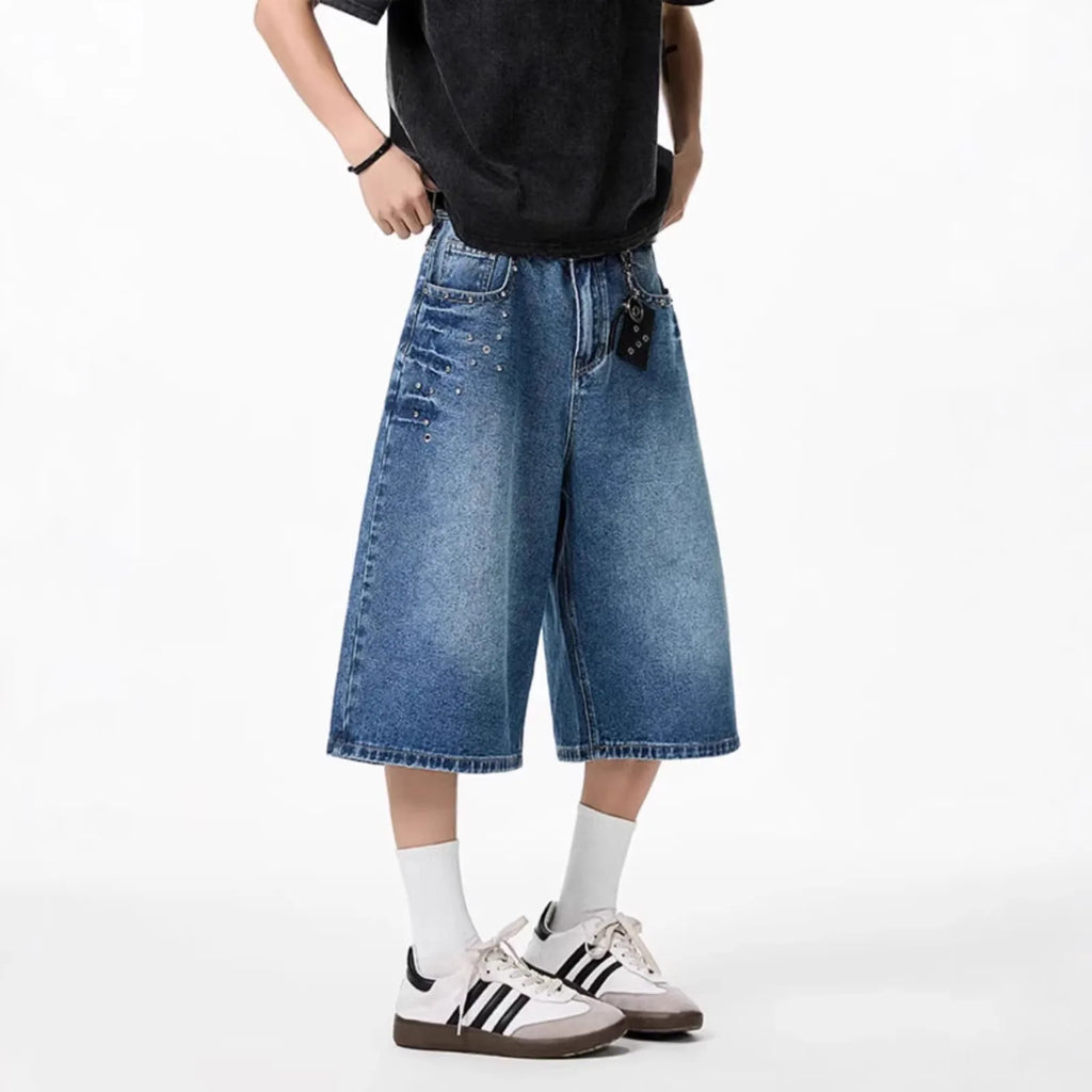 Summer American-style Design Niche Denim Cropped Pants For Men Washed Loose Mid-length Short Jeans