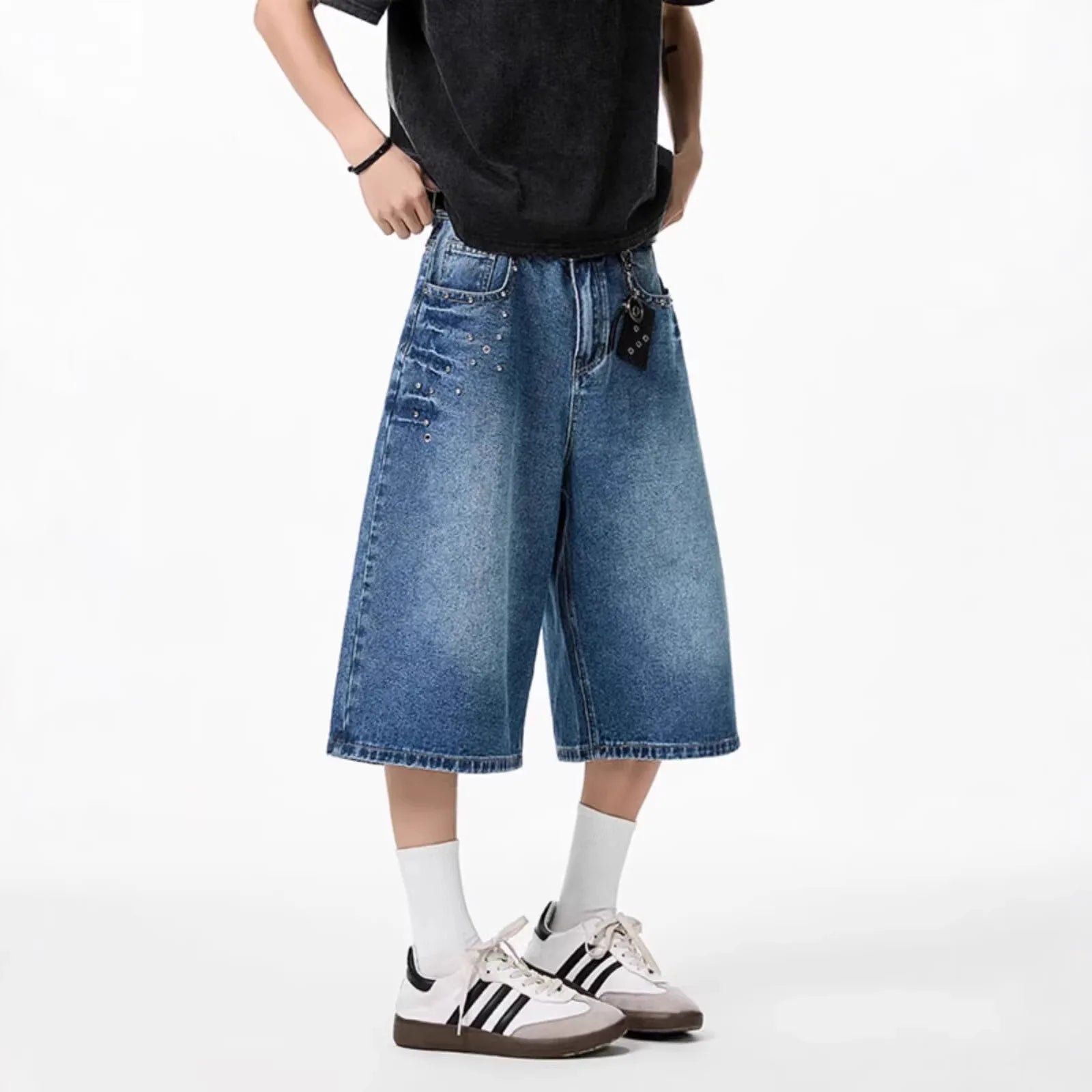 Summer American-style Design Niche Denim Cropped Pants For Men Washed Loose Mid-length Short Jeans