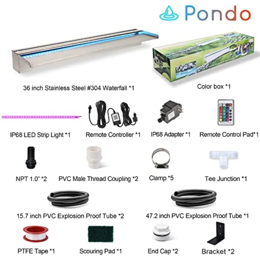 Outdoor patio waterfall spillway kit with 36'' stainless steel construction, RGB LED lights offering 16 color-changing options,