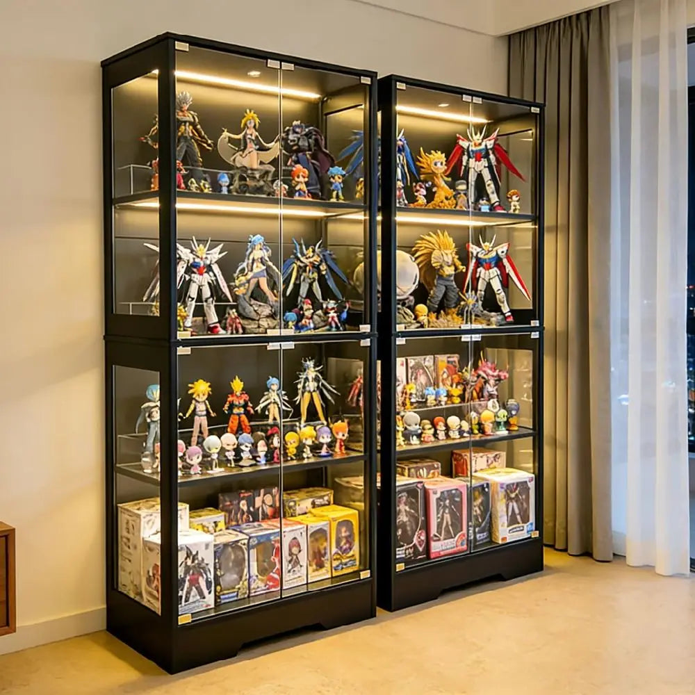 5.5ft Tall 2-Door Glass Display Cabinet, 4-Tier Curio with 3-Color LED Lights, Human Sensor, 4-Shelf Black Bookcase Storage Cabi