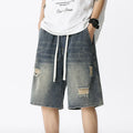 Summer Thin Denim Shorts Men's Retro Streetwear Blue Gray Stretch Straight Loose Fashionable Casual Ripped Short Jeans Men