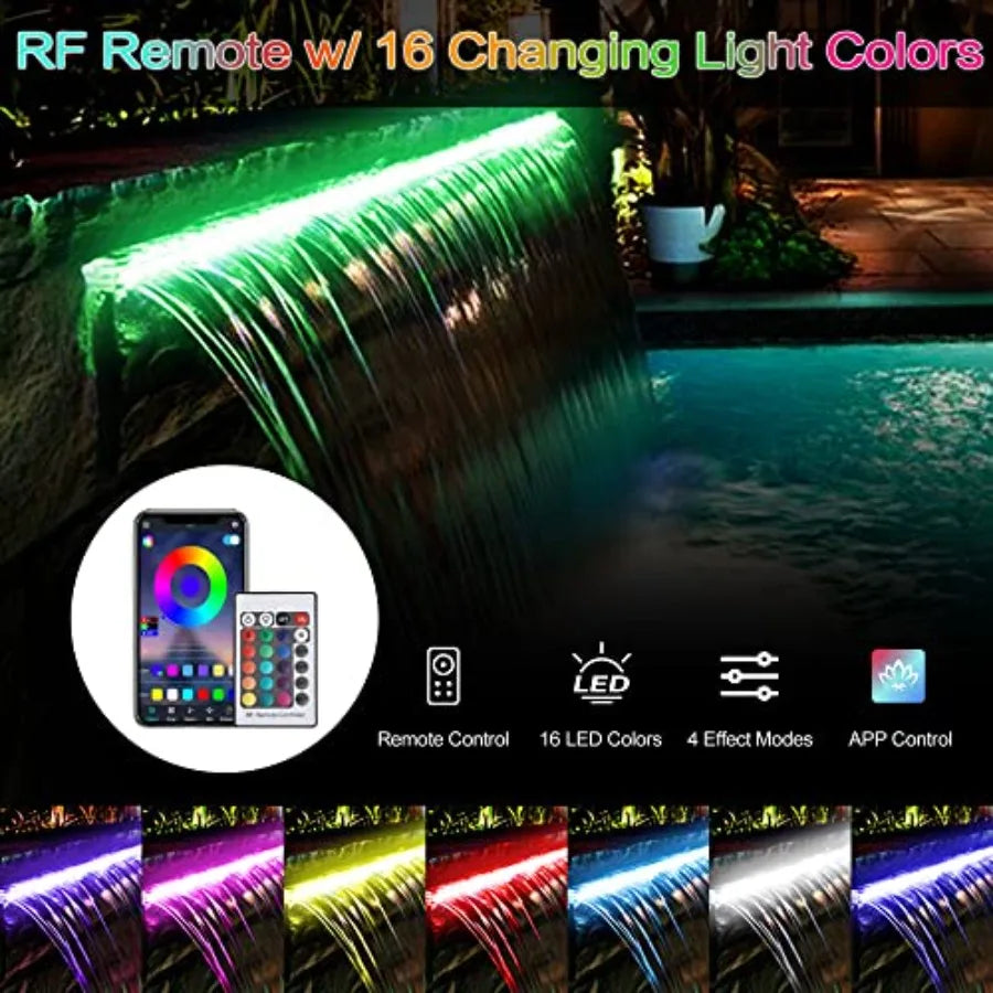 Outdoor patio waterfall spillway kit with 36'' stainless steel construction, RGB LED lights offering 16 color-changing options,