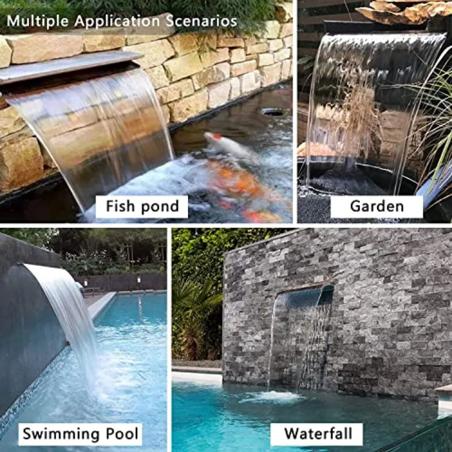 Outdoor patio waterfall spillway kit with 36'' stainless steel construction, RGB LED lights offering 16 color-changing options,