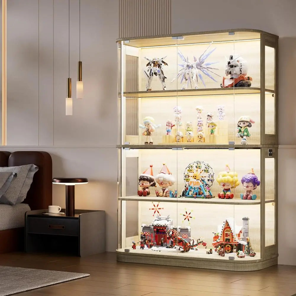 47.2 Glass-Door 4-Tier Display Cabinet with LED Lights, Touch-Open Doors, and Human Body Sensor for Collectibles and Artwork