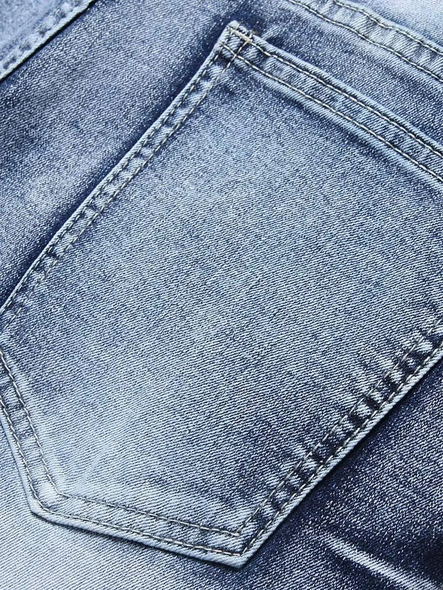 Mens Stretch Slim Fit Denim Jeans With Distressed Wash And Cuffed Hems