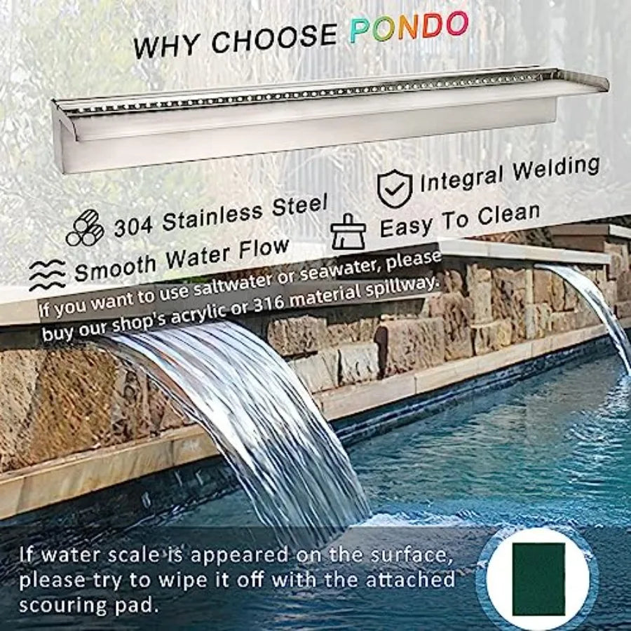 Outdoor patio waterfall spillway kit with 36'' stainless steel construction, RGB LED lights offering 16 color-changing options,